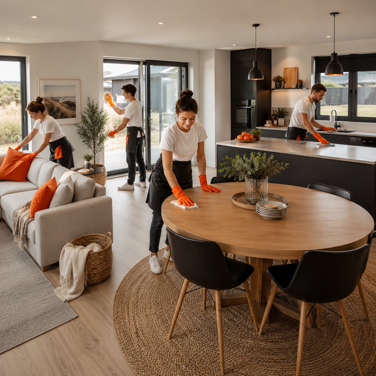 Team von Favorent reinigt gründlich ein modernes Ferienhaus, um den hohen Standard der Ferienimmobilien zu sichern.