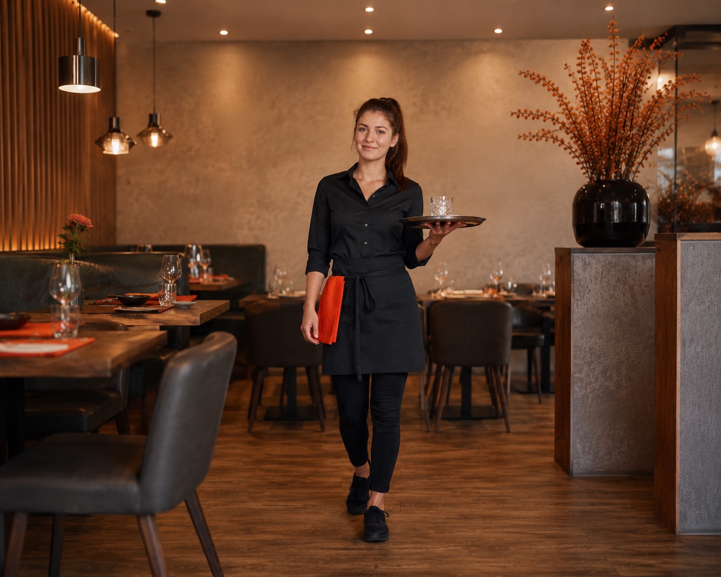 Eine Mitarbeiterin von Favorent sorgt in einem Restaurant für den erstklassigen Service einer Ferienimmobilie.