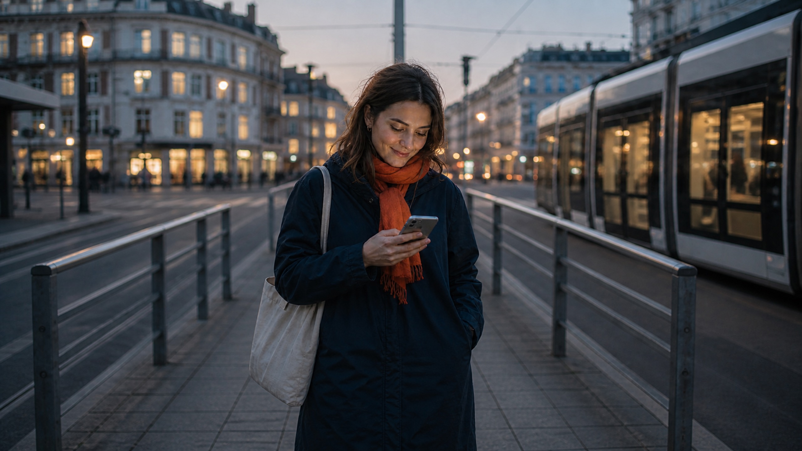 Woman in a dark coat and orange scarf looks at her smartphone while standing on a city tram platform at dusk.