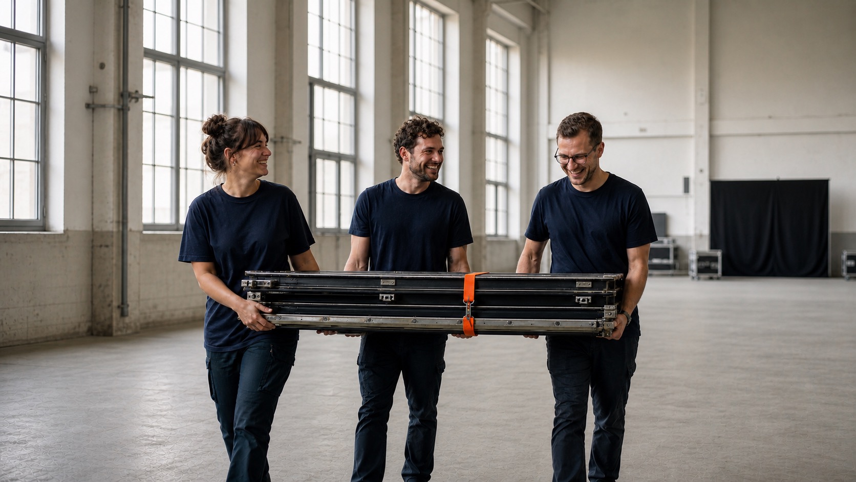 Three smiling workers in navy shirts carry a folded metal equipment case in a spacious workshop environment; bright windows in the background deserve note of scale.