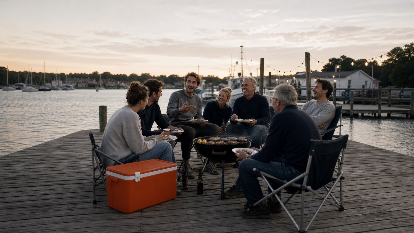 Group of adults seated in a circle on a wooden dock at sunset, sharing food from a central grill with plates and bottles nearby.