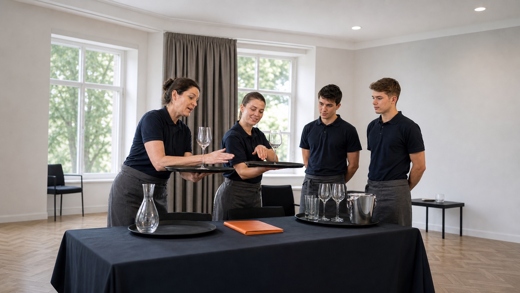 Four restaurant staff in navy shirts and gray aprons stand around a table in a bright room, two women balancing trays with wine glasses as two men watch on the right.