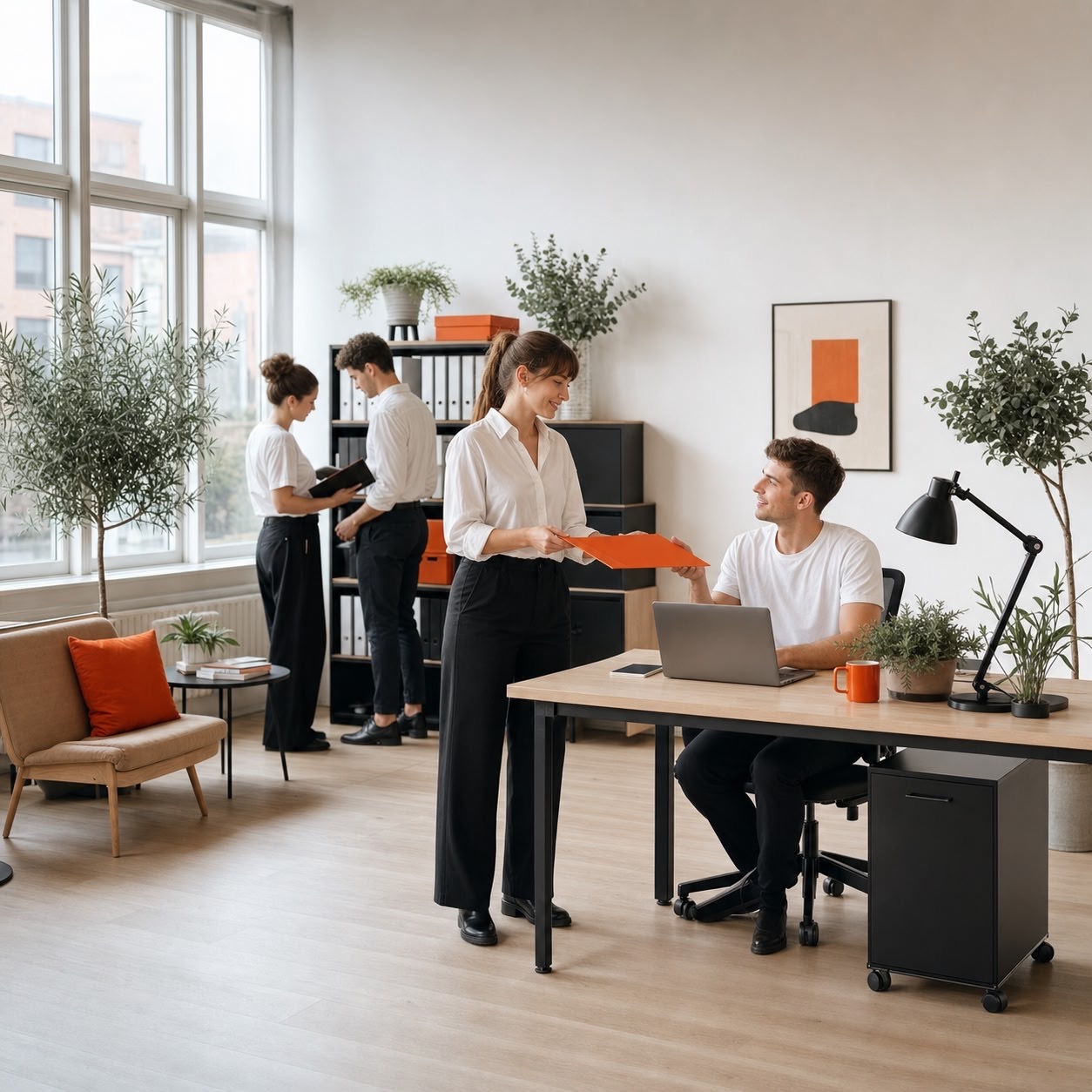 Mitarbeiter in einem hellen Büro bei der Arbeit, vermittelt durch die Personalvermittlung Staff Eins.