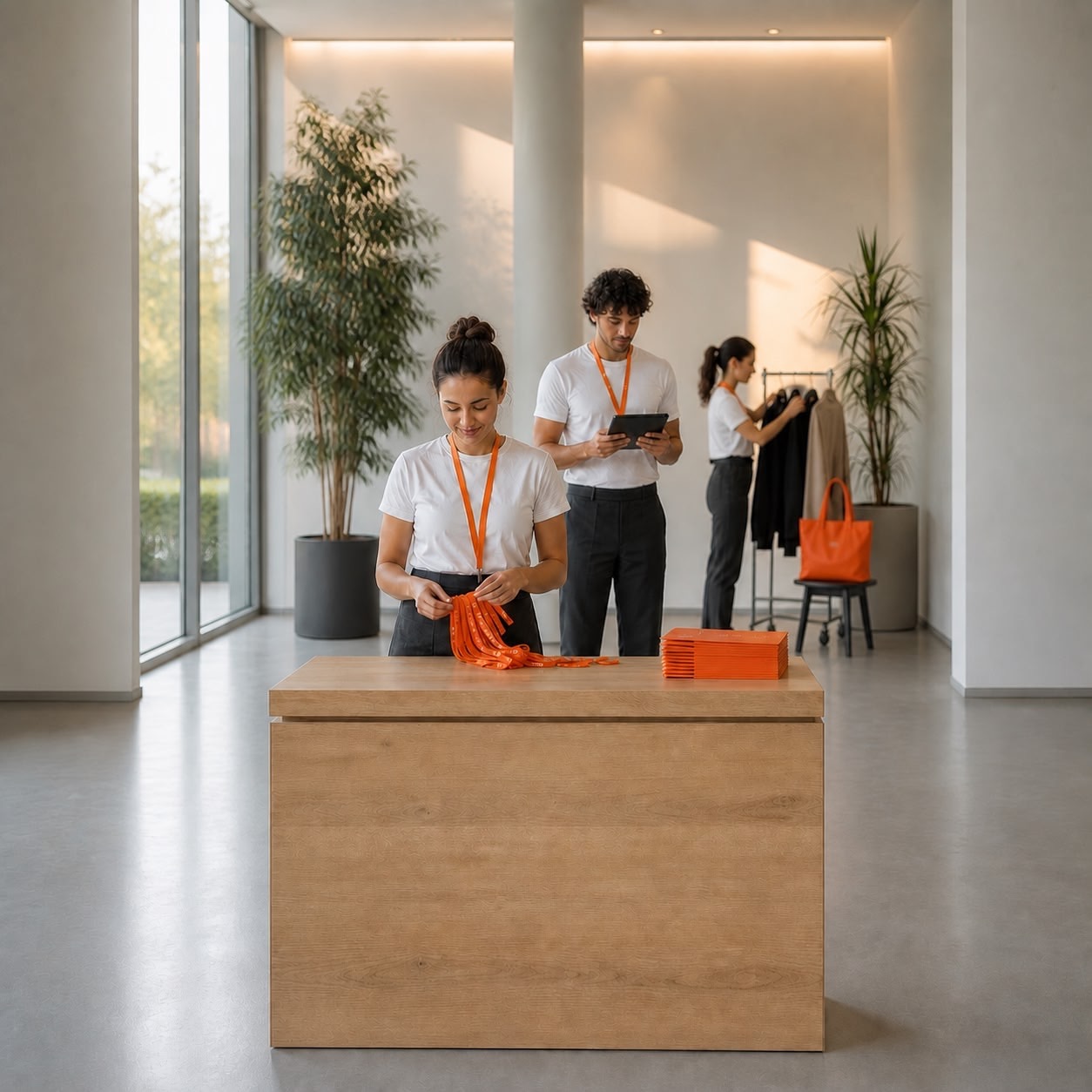 Teammitglieder von Staff Eins bereiten in einem modernen Foyer Ausweise für den Event-Service vor.