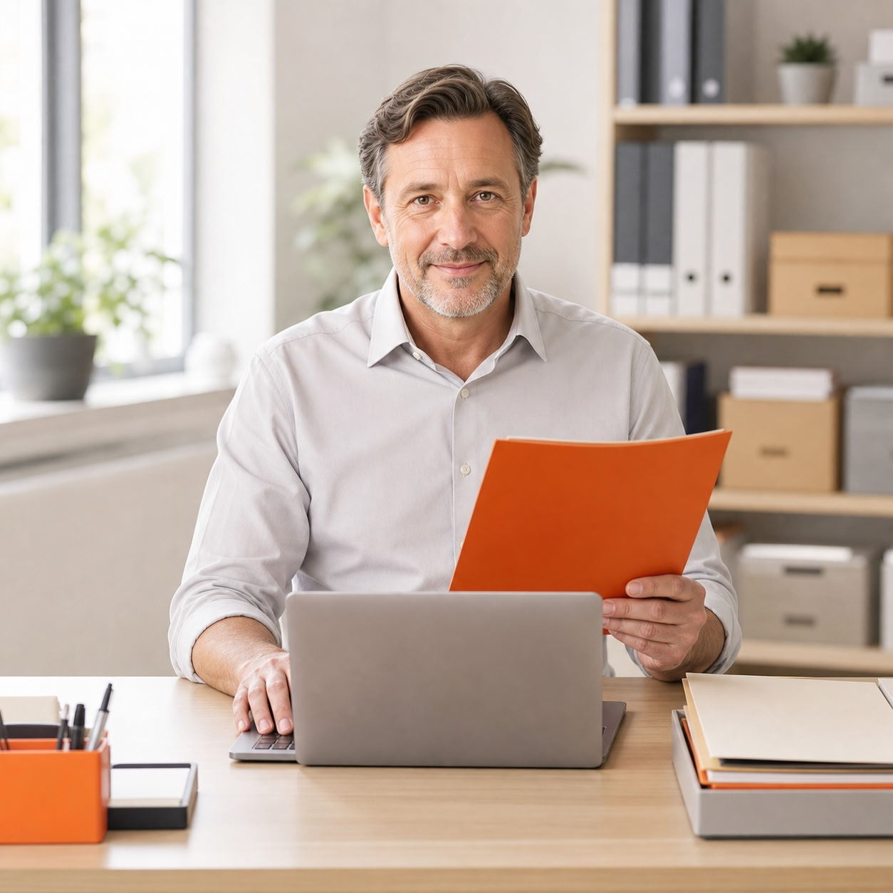 Smiling man in a light shirt sits at a desk with a laptop, holding an orange folder in front of him in an office setting.
