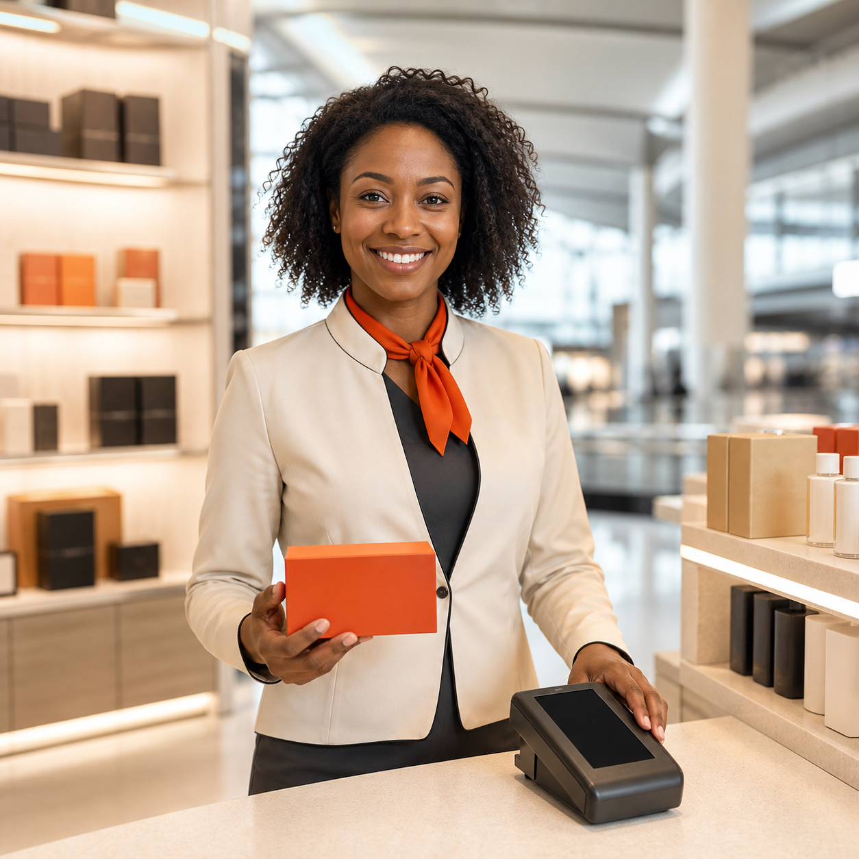 Eine lächelnde Verkäuferin hält eine orangefarbene Box in einem Duty-Free-Shop, vermittelt durch Staff Eins.