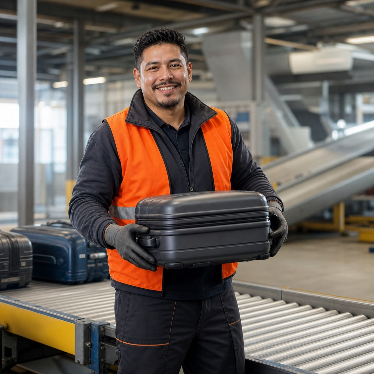 Smiling worker in an orange safety vest holds a black hard-shell suitcase at a conveyor in a luggage-handling area.