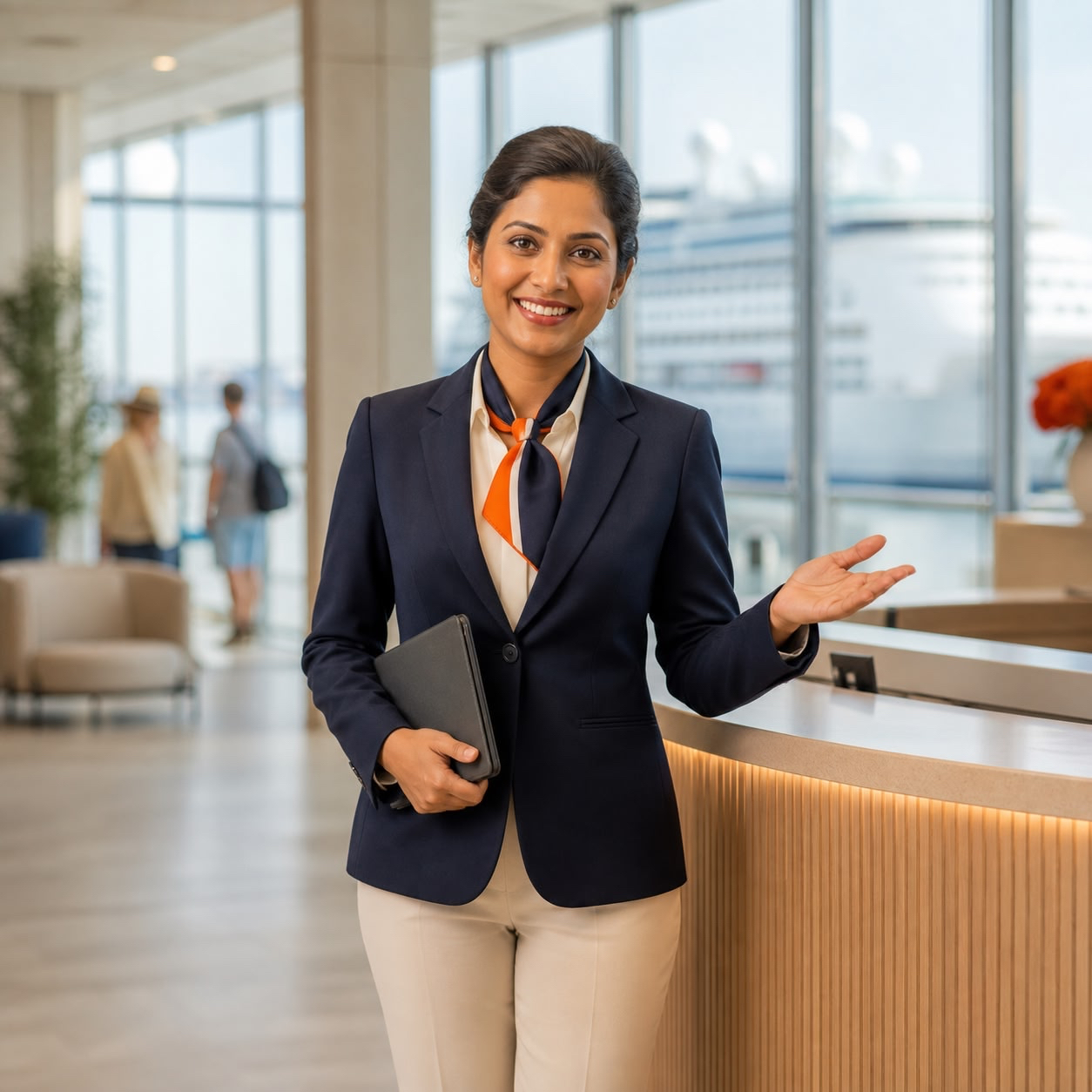 Freundliche Mitarbeiterin im Terminal für Kreuzfahrtschiffe, vermittelt durch die Personalagentur Staff Eins.