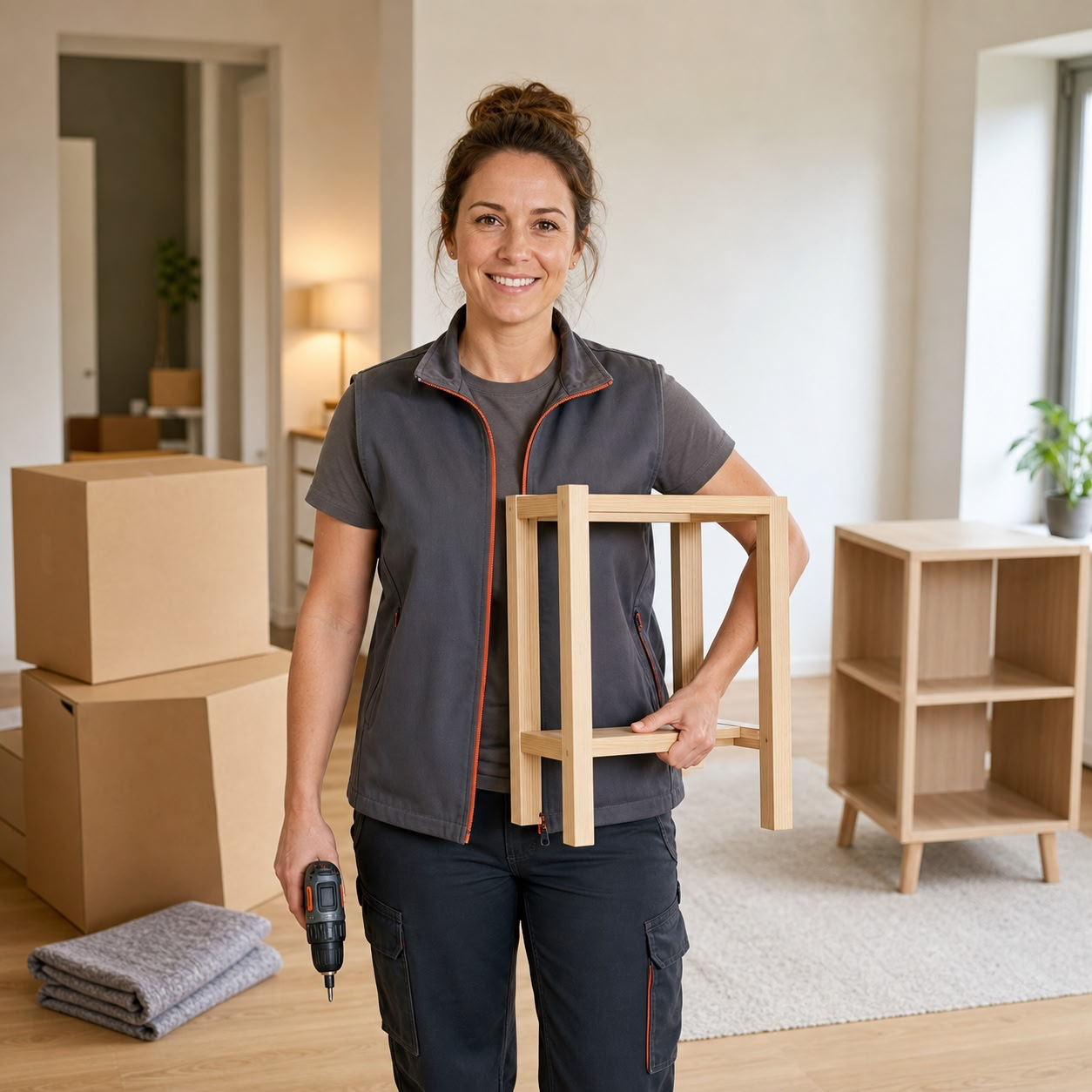 Eine Handwerkerin von Staff Eins hält einen Holzhocker und einen Akkuschrauber während eines Umzugs.