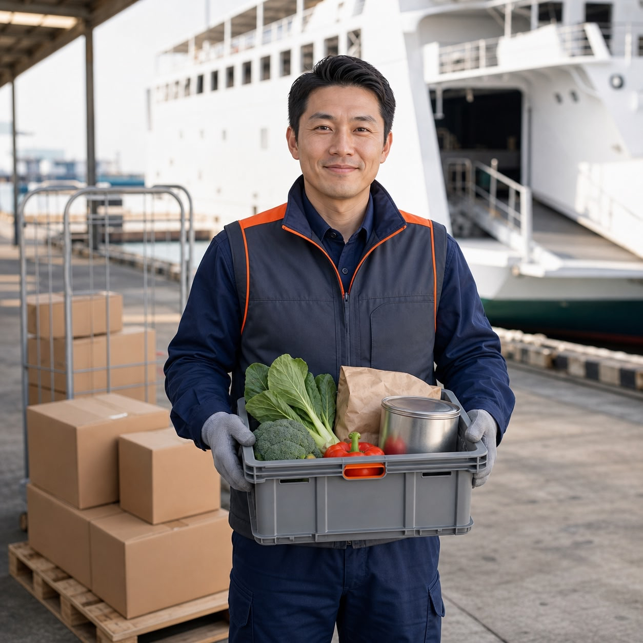 Mitarbeiter von Staff Eins in Arbeitskleidung trägt eine Kiste mit frischen Lebensmitteln am Hafen bei der Logistik.