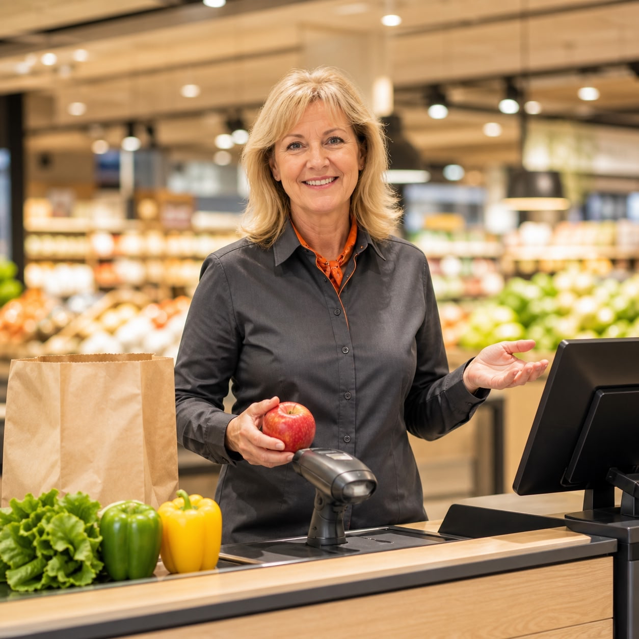 Eine lächelnde Kassiererin hält einen Apfel an der Kasse, vermittelt durch die Personalvermittlung Staff Eins.