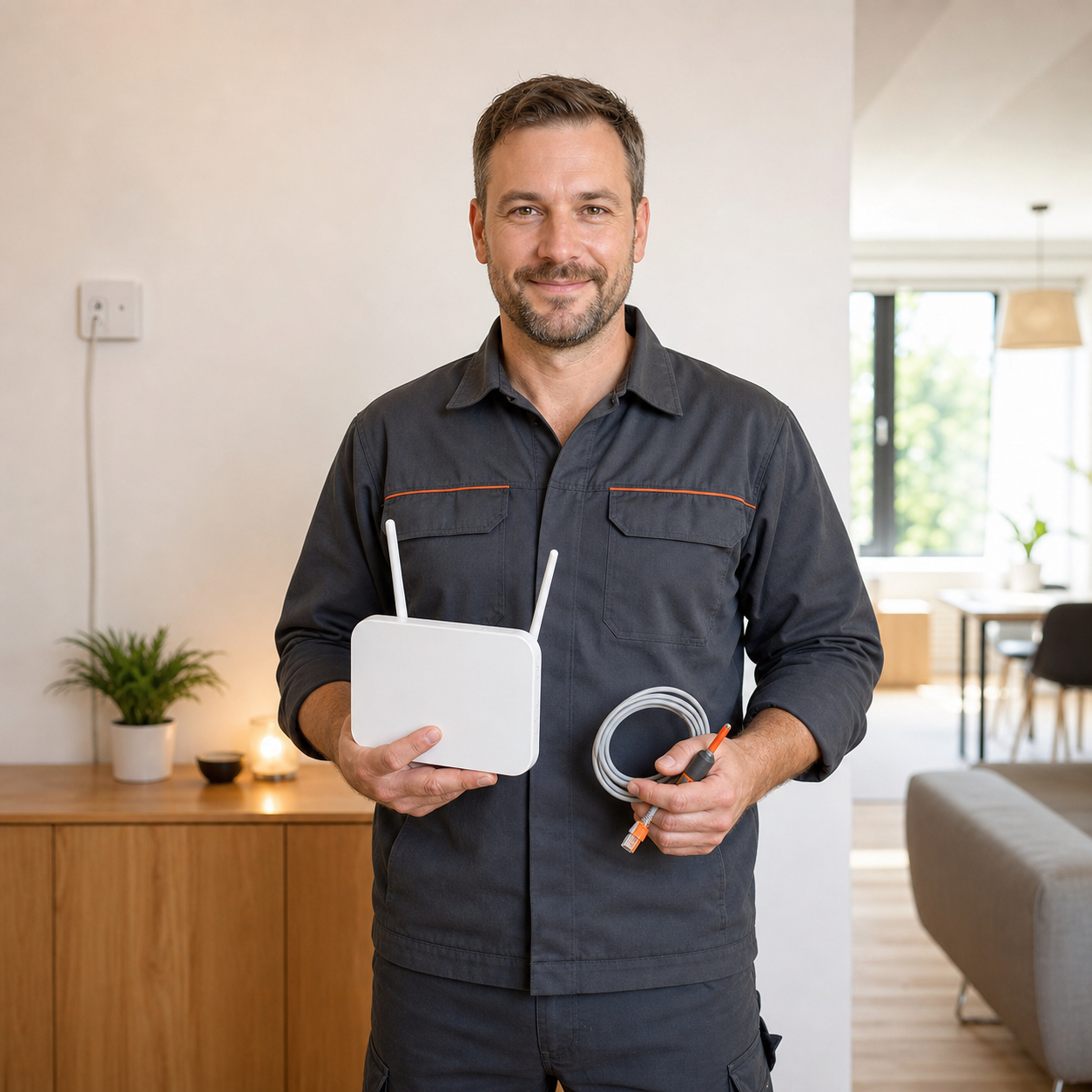 Ein Techniker in Arbeitskleidung hält einen WLAN-Router und ein Netzwerkkabel für die Vermittlung durch Staff Eins.