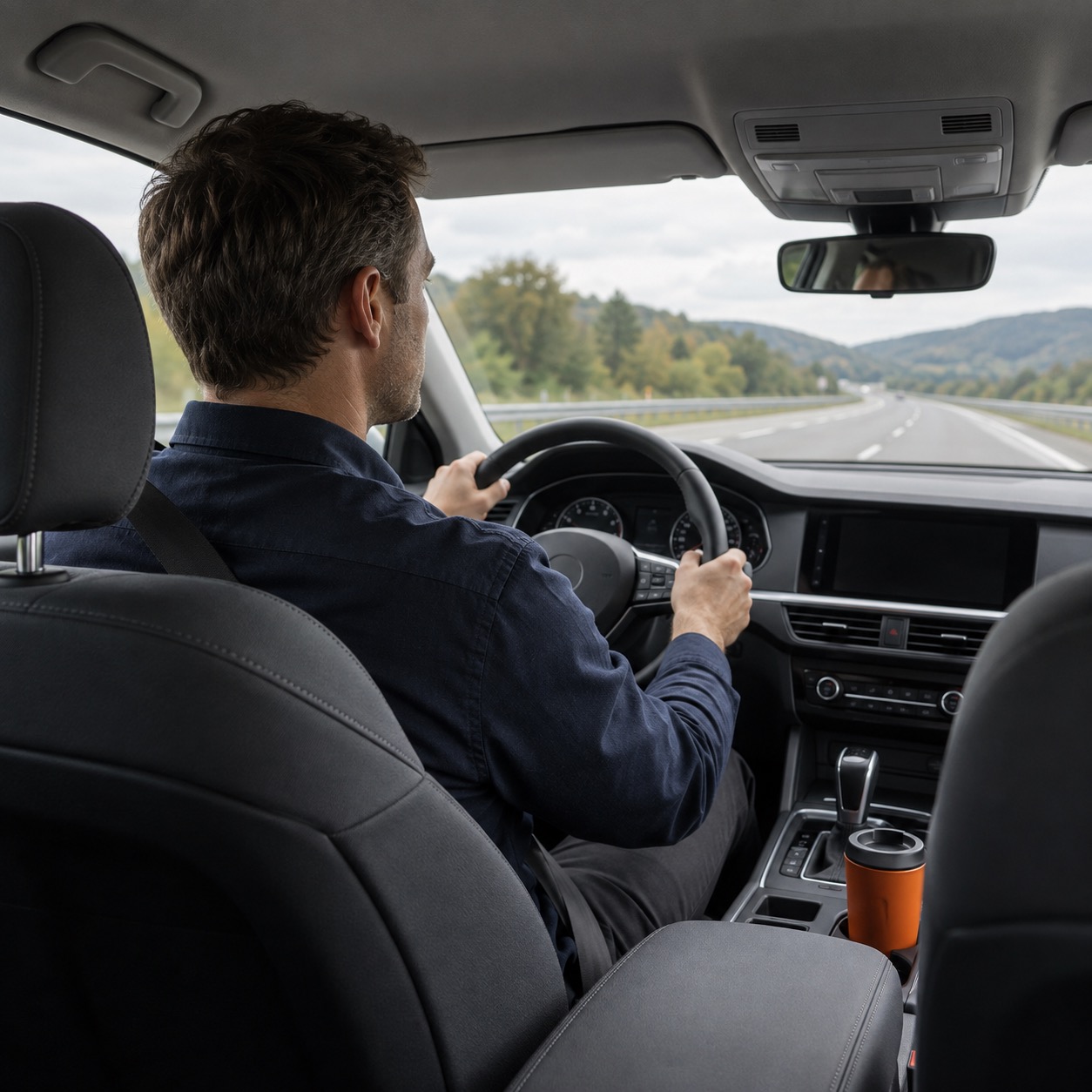 Fahrer im blauen Hemd hält das Lenkrad und fährt auf einer Autobahn.