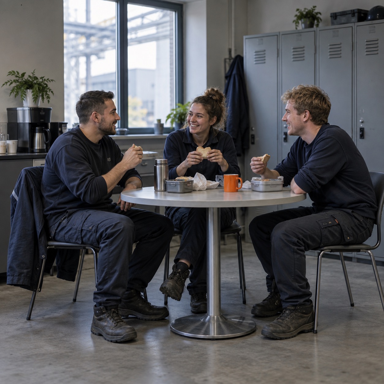 Drei Personen in Arbeitskleidung essen lachend an einem Tisch, vermittelt durch die Personalvermittlung Staff Eins.