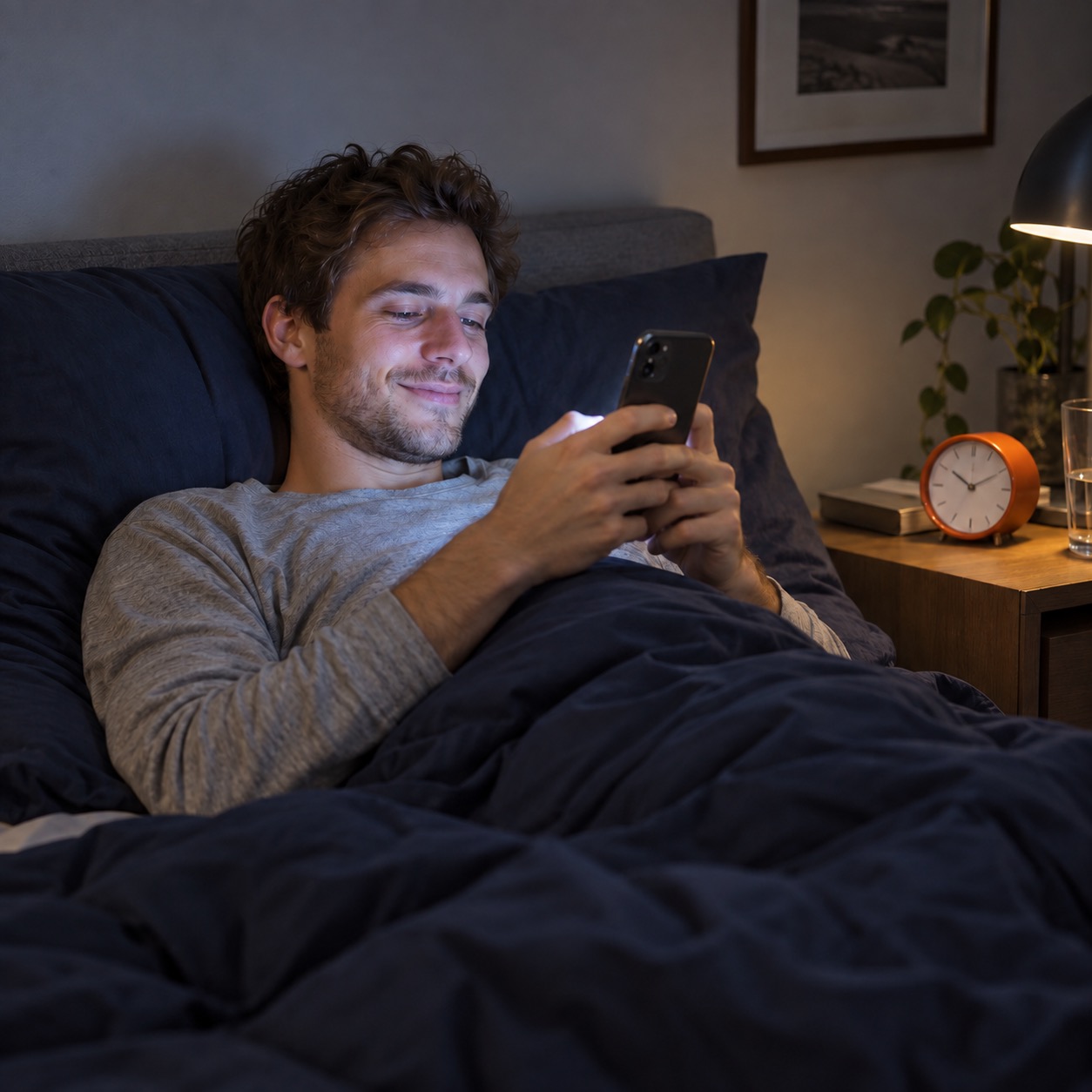Lächelnder Mann liegt im Bett und nutzt sein Smartphone, während er sich über die FAQs der Personalvermittlung Staff Eins informiert.