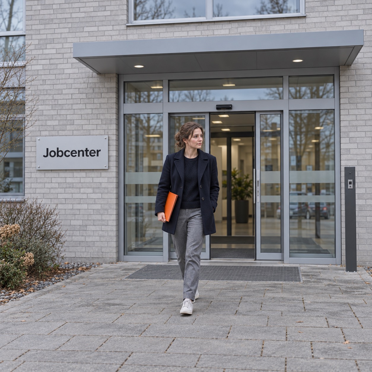 Junge Frau mit orangefarbener Mappe kommt aus einem Gebäude mit der Aufschrift Jobcenter.