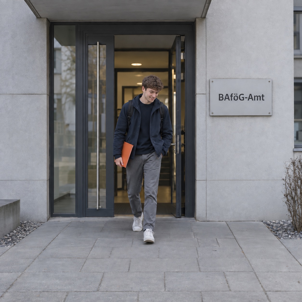 Lächelnder Student mit orangefarbener Mappe verlässt das BAföG-Amt, vermittelt durch die Personalvermittlung Staff Eins.