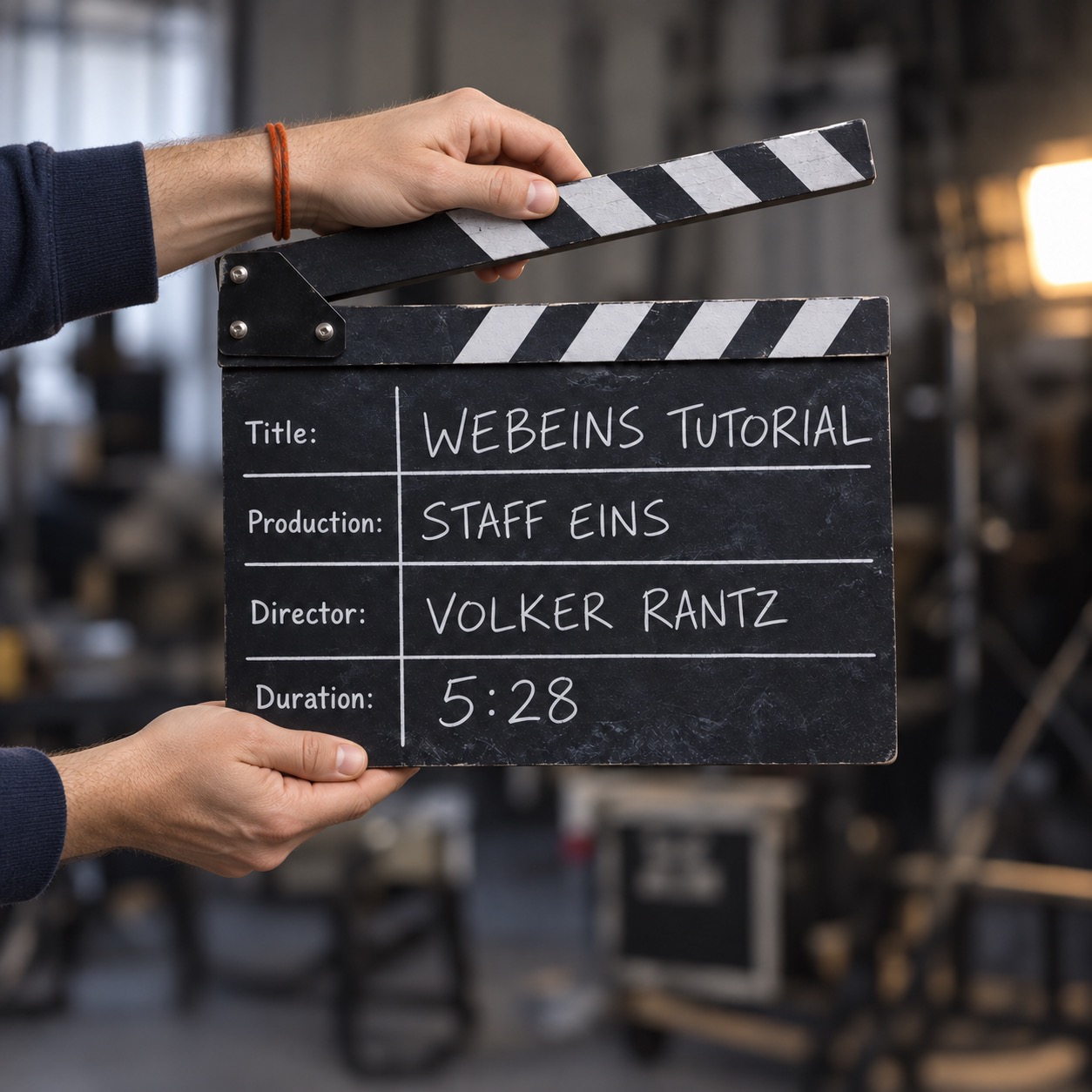 Filmklappe am Set mit der Aufschrift Webeins Tutorial, Produktion Staff Eins, Dauer 5:28.