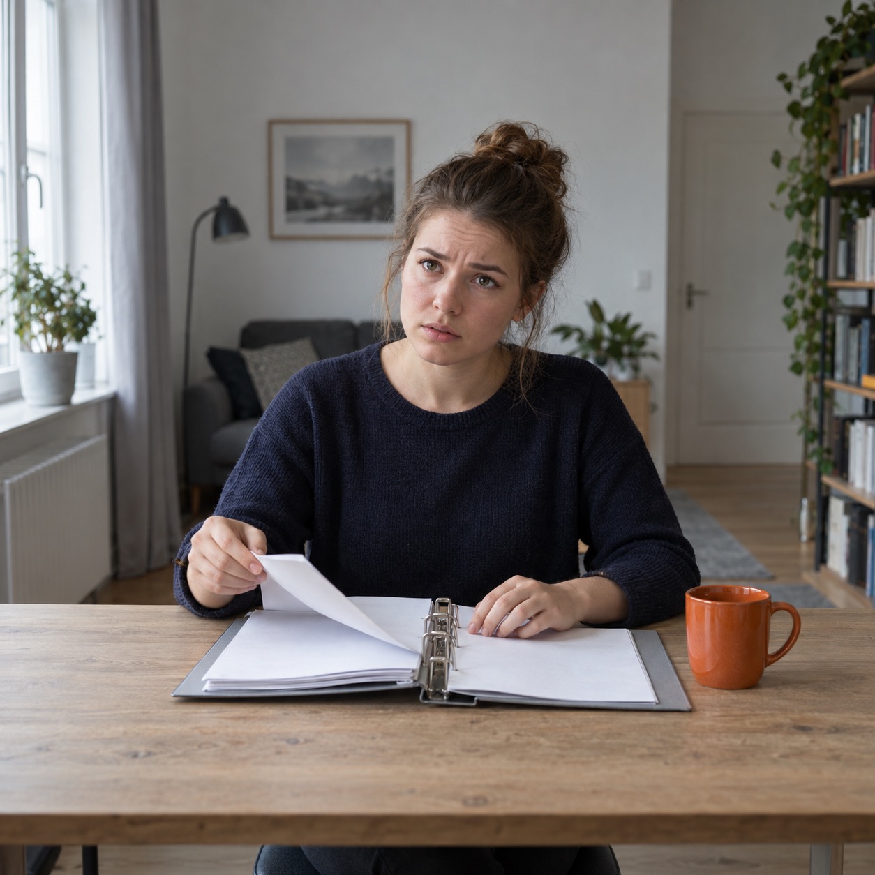 Eine junge Frau blättert konzentriert in Unterlagen, während sie den Service der Personalvermittlung Staff Eins nutzt.