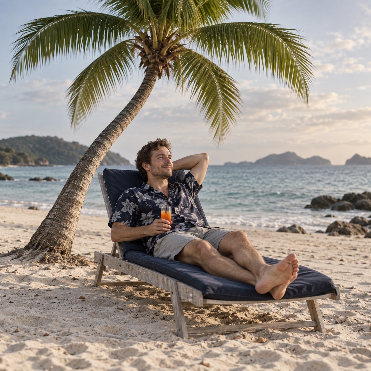 Mann entspannt auf einer Strandliege unter einer Palme, in der Hand ein orangefarbenes Getränk.