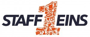 Staff Eins Logo mit orangefarbener Eins aus Symbolen, Personalvermittlung für Studentenjobs.