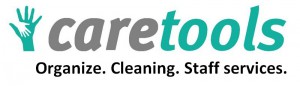 Logo von caretools mit dem Slogan „Organize. Cleaning. Staff services.“ für die Personalvermittlung Staff Eins.