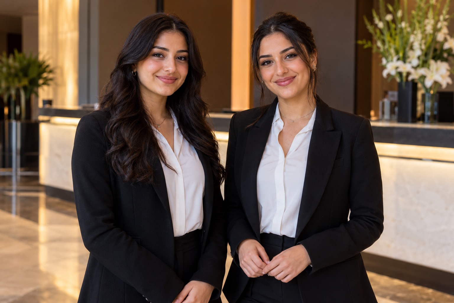 Zwei lächelnde Frauen in schwarzen Blazern und weißen Blusen stehen nebeneinander in einer Hotel-Lobby – Personalvermittlung Staff Eins.