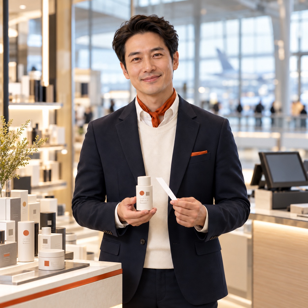 Lächelnder Verkäufer im Duty-Free-Shop präsentiert Kosmetikprodukte, Vermittlung durch Staff Eins.