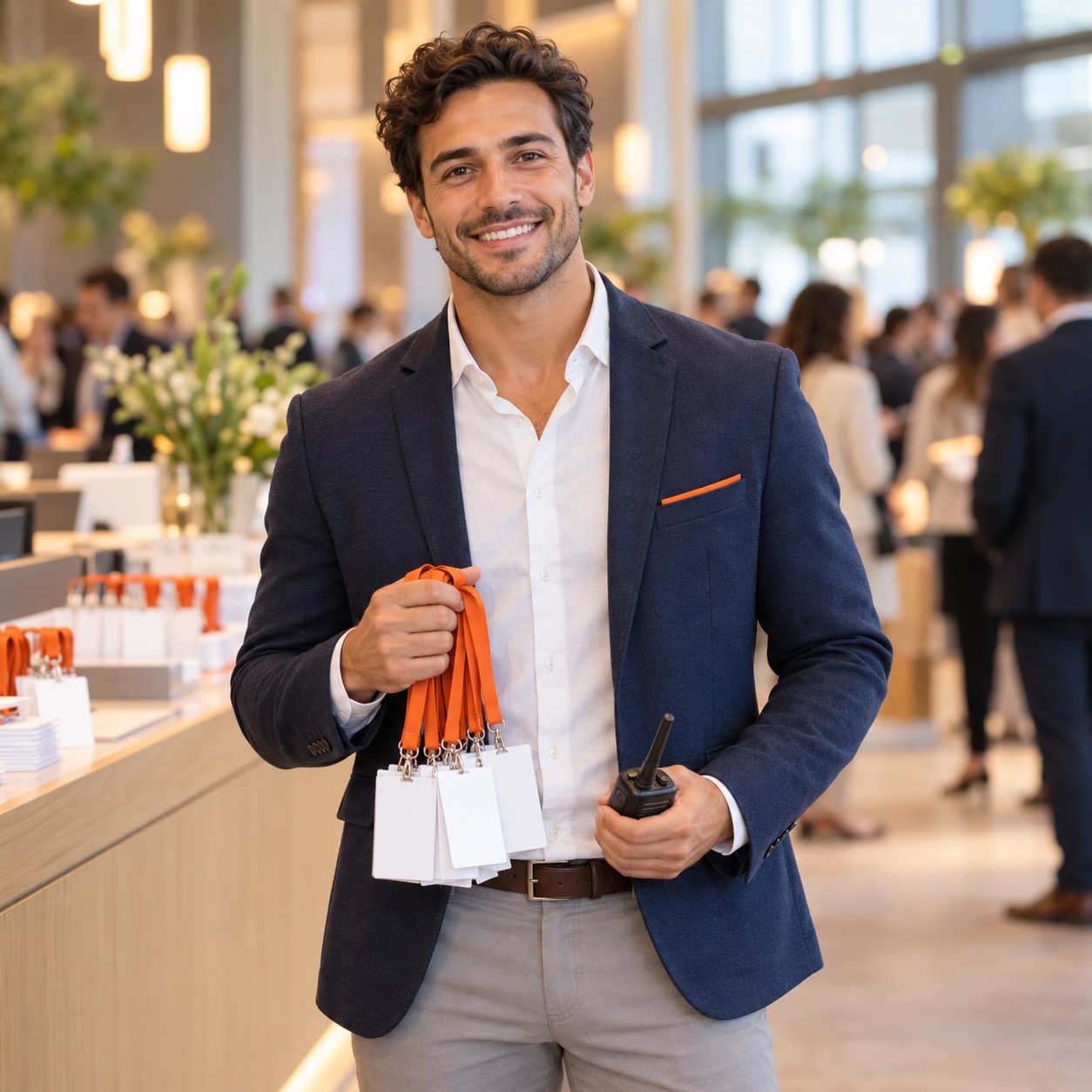 Lächelnder Mann im blauen Blazer hält orange Lanyards mit weißen Namensschildern und ein Funkgerät, Personalvermittlung Staff Eins.