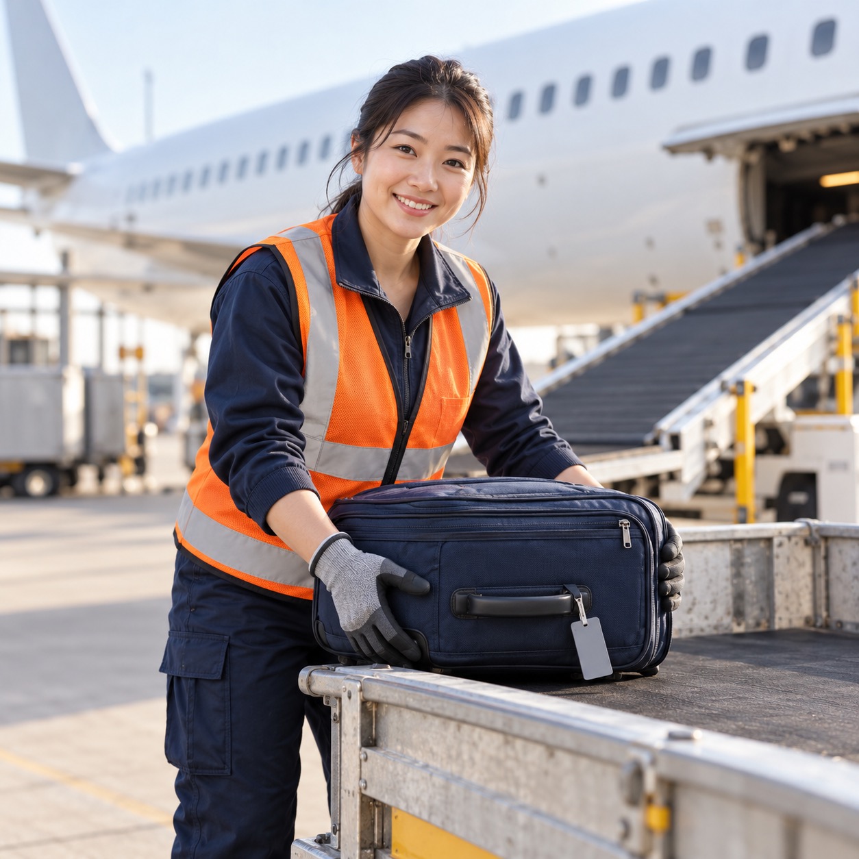 Lächelnde Mitarbeiterin in Warnweste hebt Koffer am Flughafen – Staff Eins Jobvermittlung