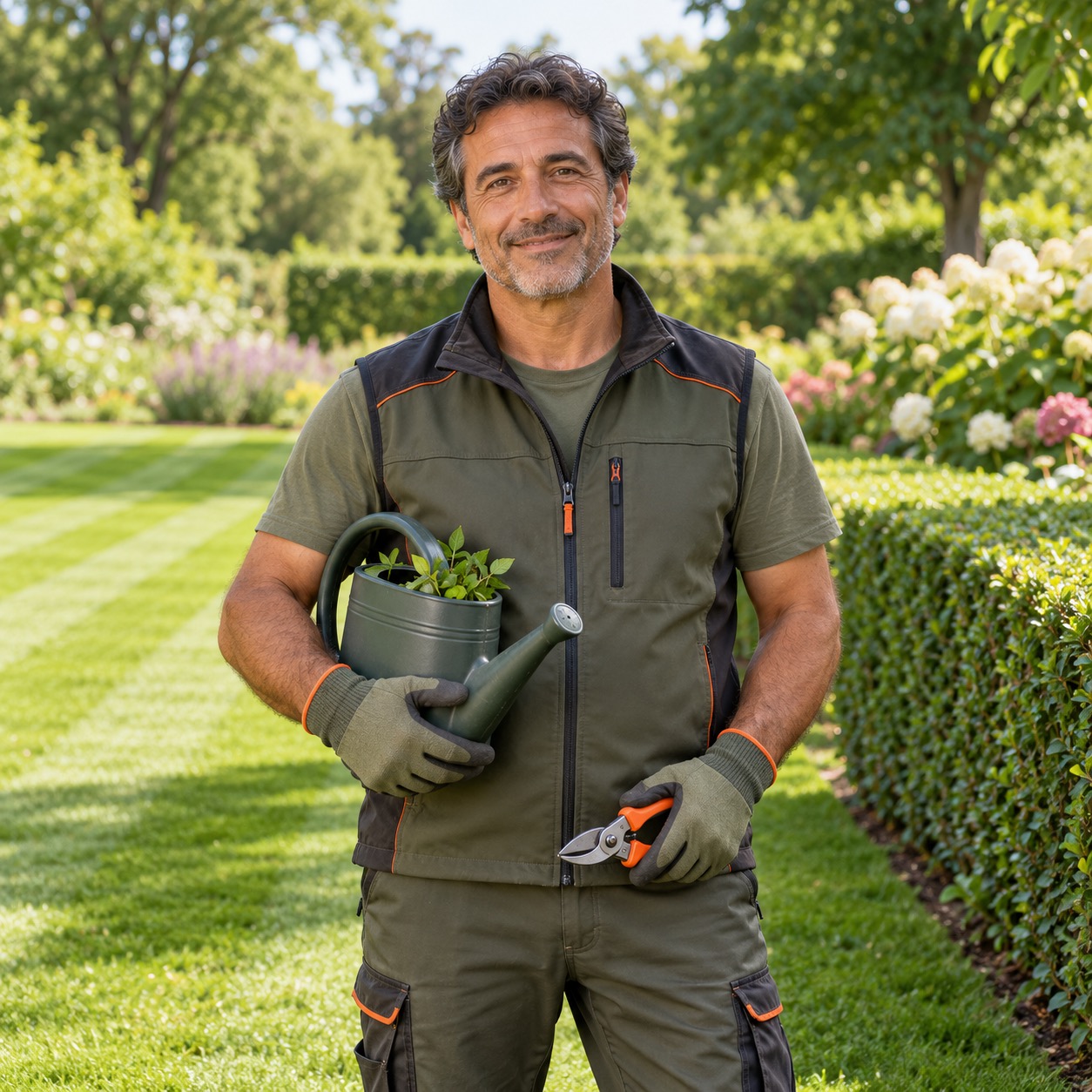 Lächelnder Gärtner in grüner Weste hält Gießkanne mit Pflanzen und Gartenschere – Personalvermittlung Staff Eins für Grünanlagen.