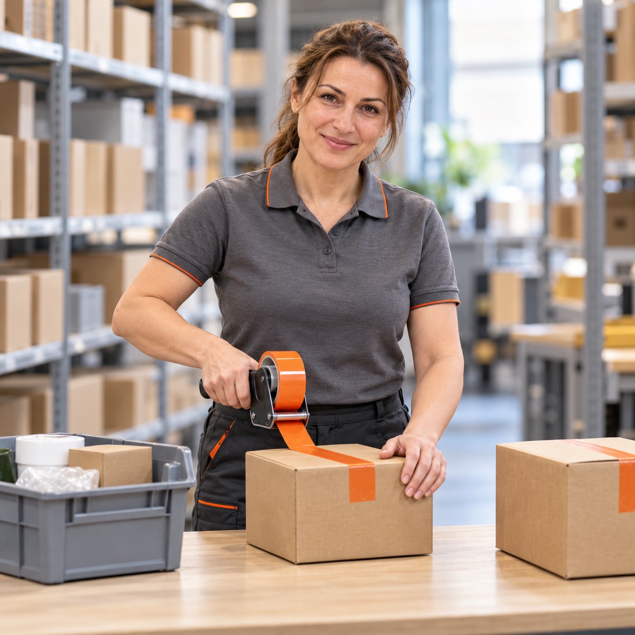 Lagerarbeiterin verschließt einen Karton mit orangefarbenem Klebeband – Personalvermittlung Staff Eins für Kommissionierung.