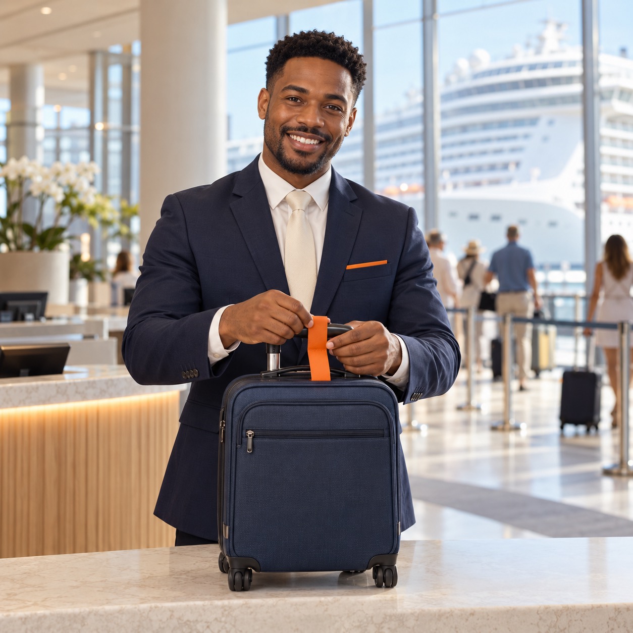 Lächelnder Mann im dunkelblauen Anzug befestigt orangefarbenes Band am Koffer, Kreuzfahrtterminal im Hintergrund, Personalvermittlung Staff Eins.
