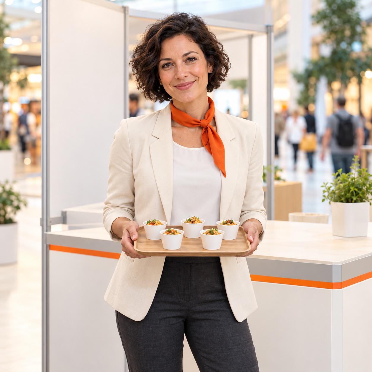 Lächelnde Frau mit orangefarbenem Halstuch serviert Häppchen am Messestand von Staff Eins, Personalvermittlung.
