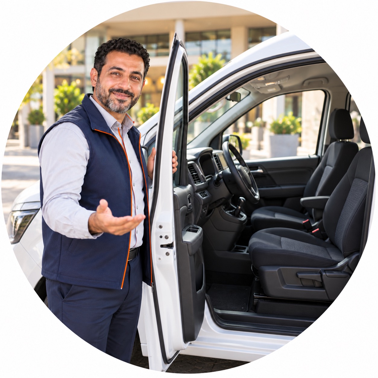 Lächelnder Fahrer in blauer Weste öffnet die Tür eines weißen Shuttles für die Personalvermittlung Staff Eins.