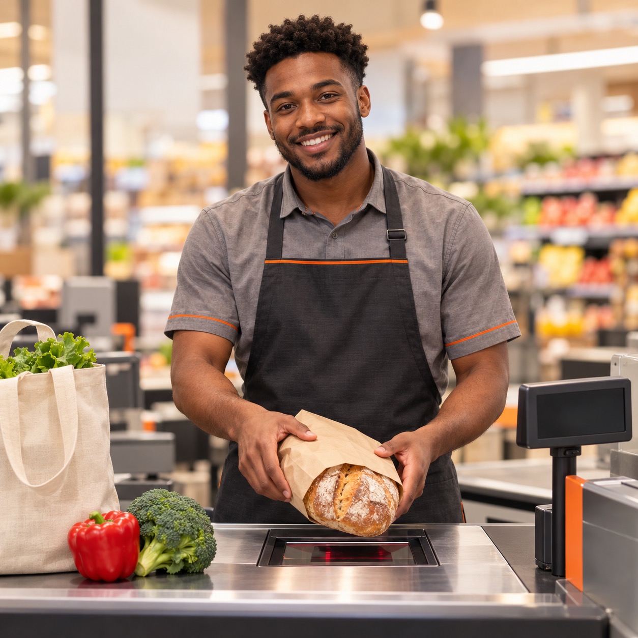Lächelnder Supermarkt-Mitarbeiter packt Brot in Papiertüte an der Kasse – Personalvermittlung Staff Eins