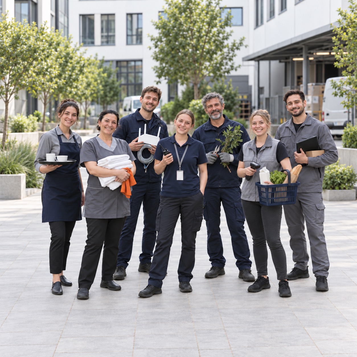 Acht lächelnde Personen in unterschiedlicher Arbeitskleidung stehen vor einem modernen Gebäude, mit Tablett, Handtüchern, Router und Gemüsekorb.