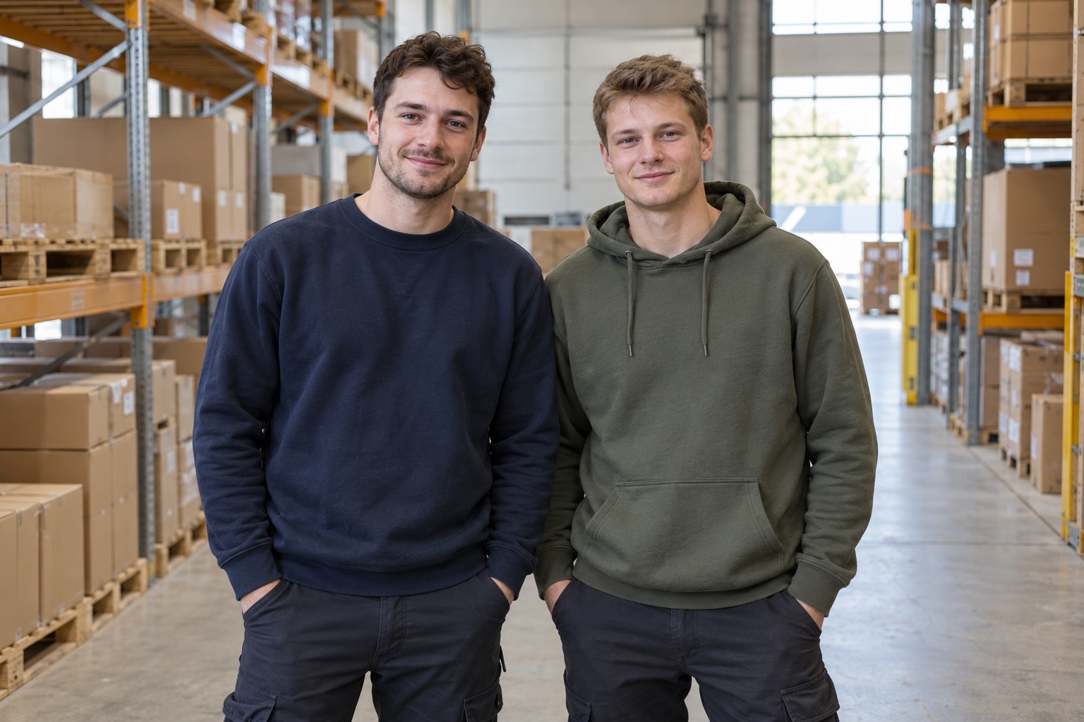 Zwei lächelnde Männer in Sweatshirts stehen in einem Lager mit Kartonregalen – Personalvermittlung Staff Eins.