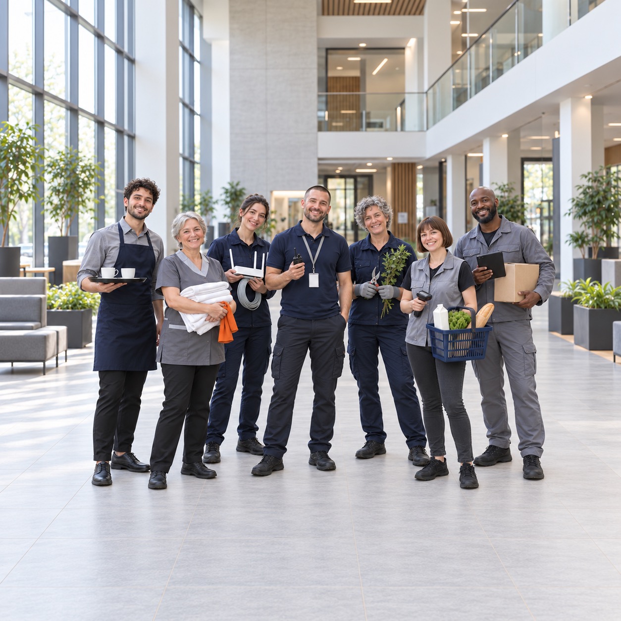 Lächelnde Mitarbeitende in Arbeitskleidung präsentieren als Team die Personalvermittlung von Staff Eins.