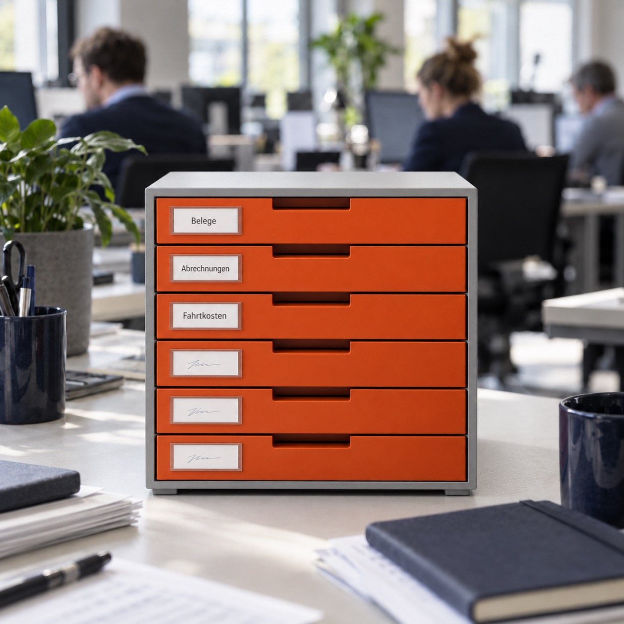 Orangefarbener Aktenschrank mit sechs Schubladen auf einem Schreibtisch, der die Personalvermittlung Staff Eins repräsentiert.