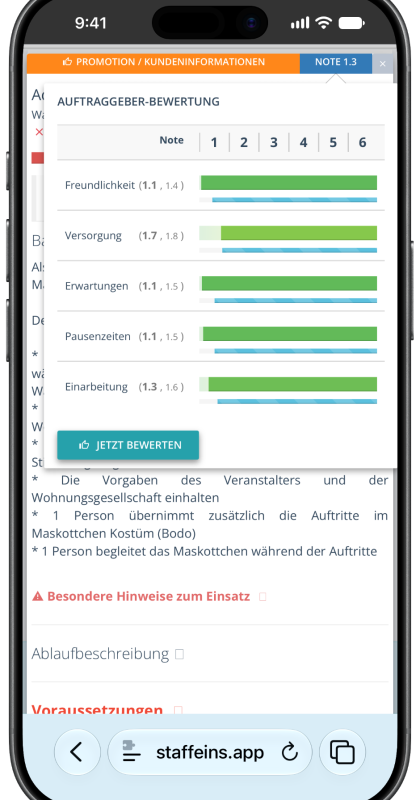 App von Staff Eins zeigt eine Bewertungsmaske für Einsätze und Personalvermittlung.