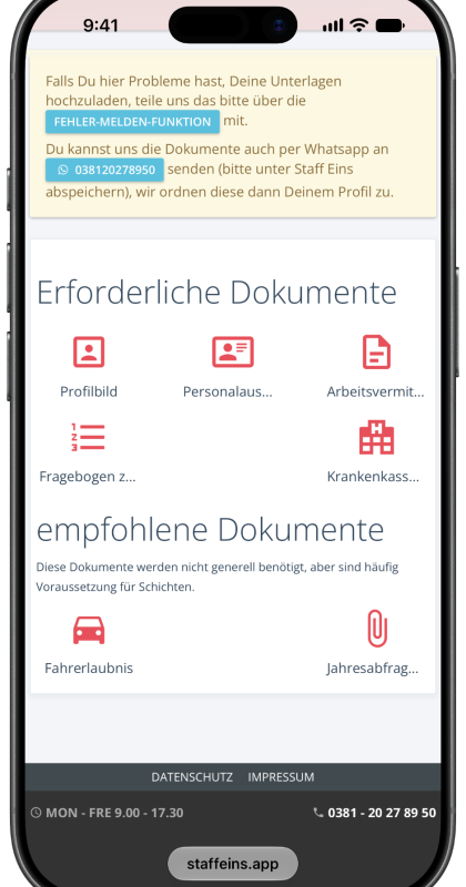 App von Staff Eins zeigt erforderliche Dokumente für Einsätze und Personalvermittlung.