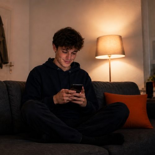 Young man in a dark hoodie sits cross‑legged on a gray couch, looking at his phone in a cozy living room with a warm lamp and orange cushion.